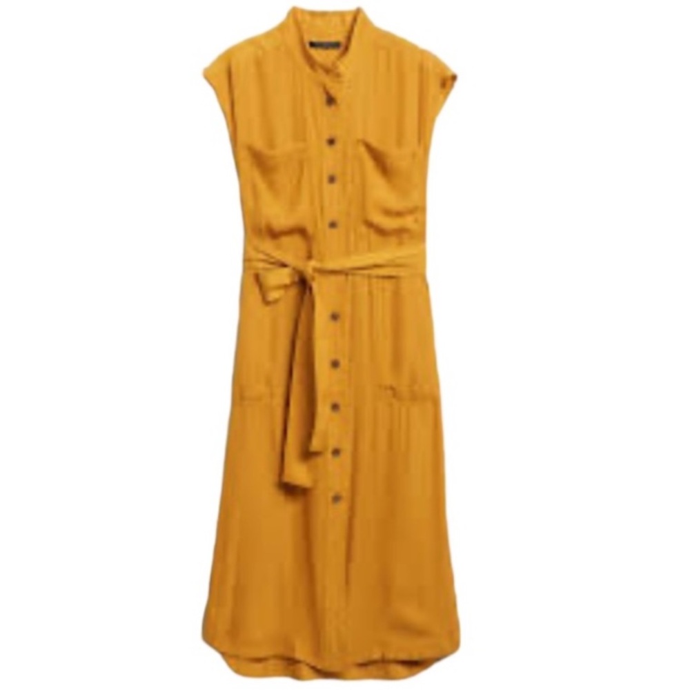 Banana Republic Golden Yellow Button Down Belted Utility Pocket Midi Dress NEW